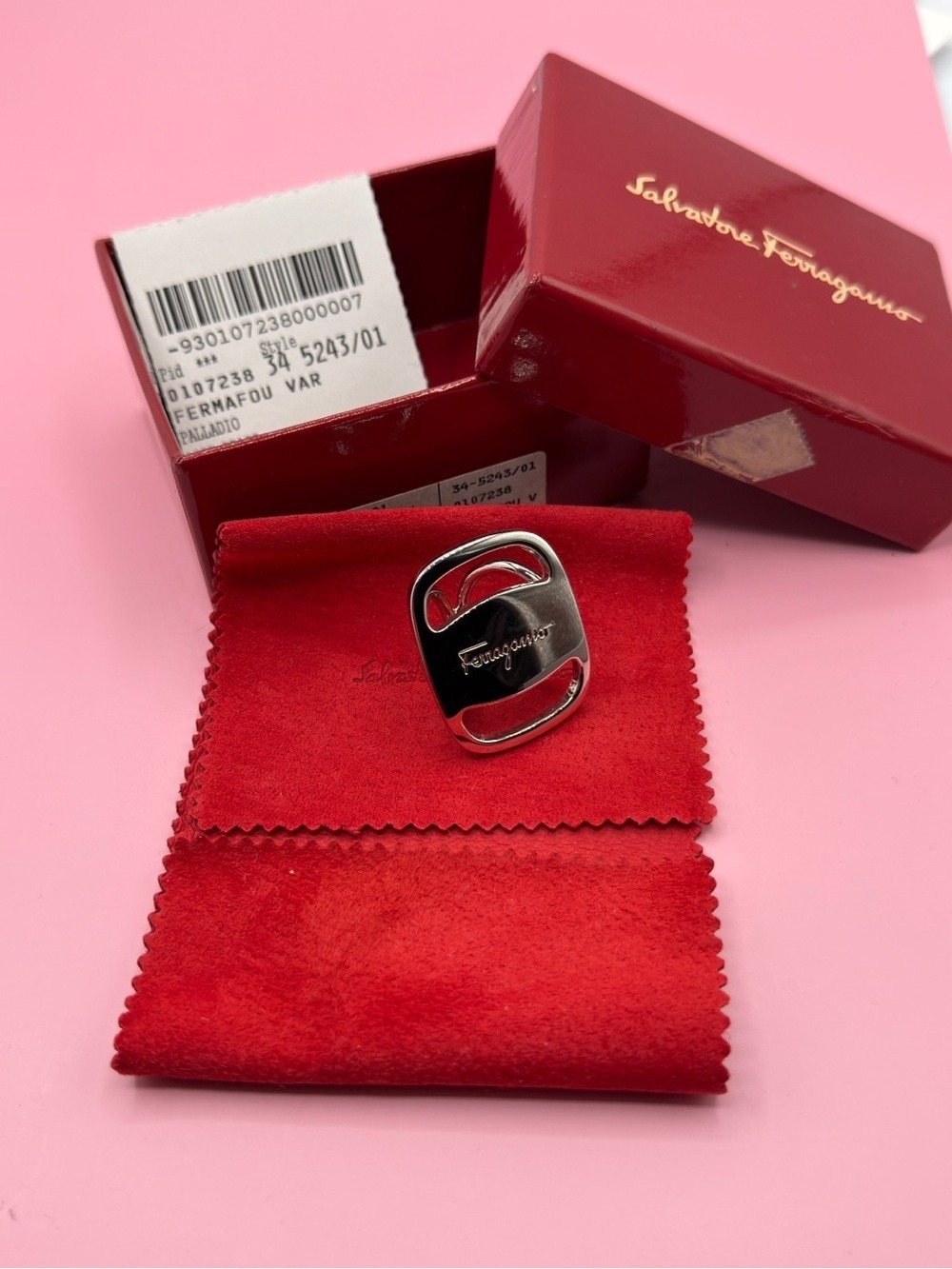 Salvatore Ferragamo Polished Silver tone Logo scarf ring